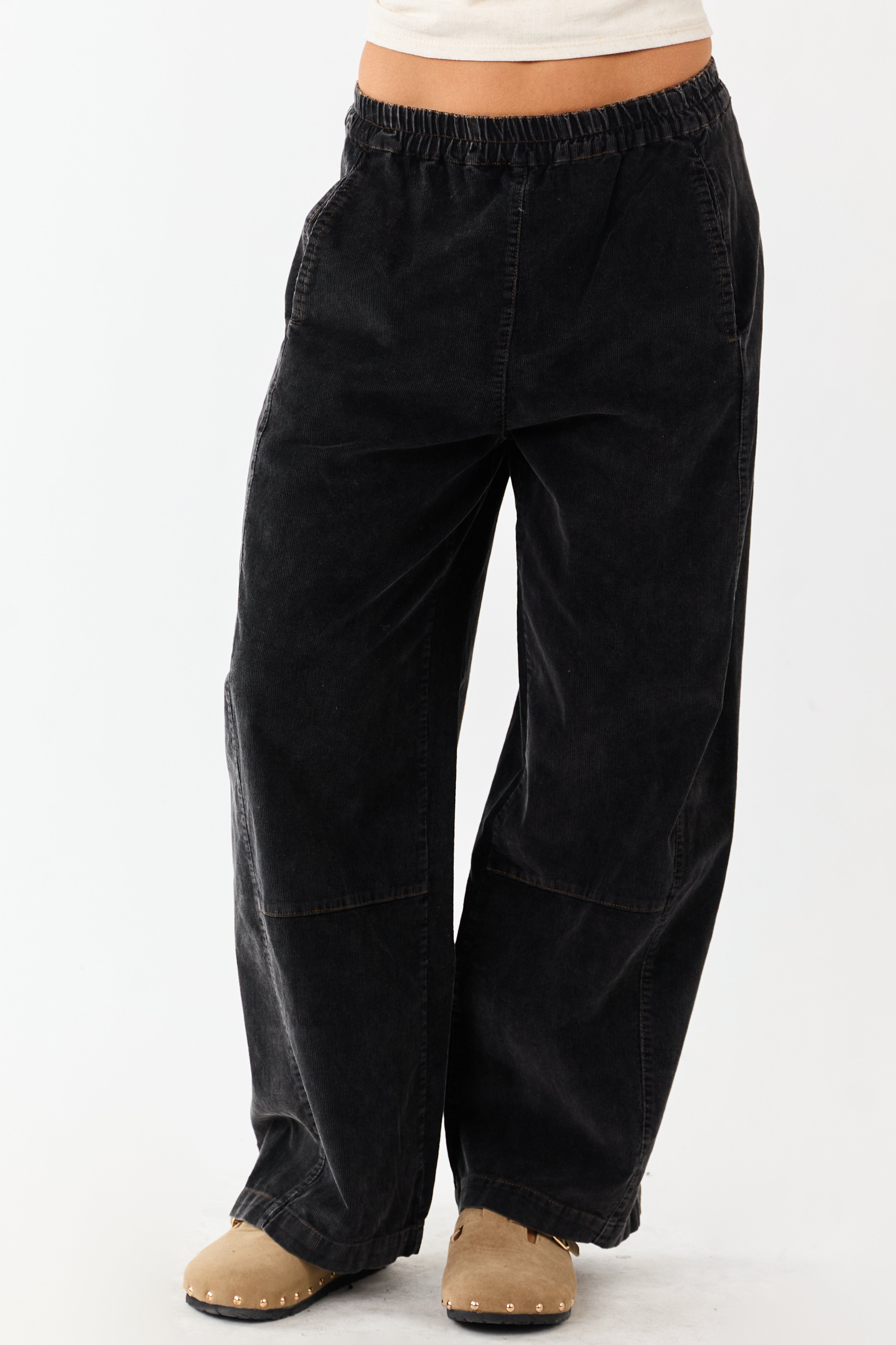 Charcoal Stone Washed Corduroy Wide Leg Pants