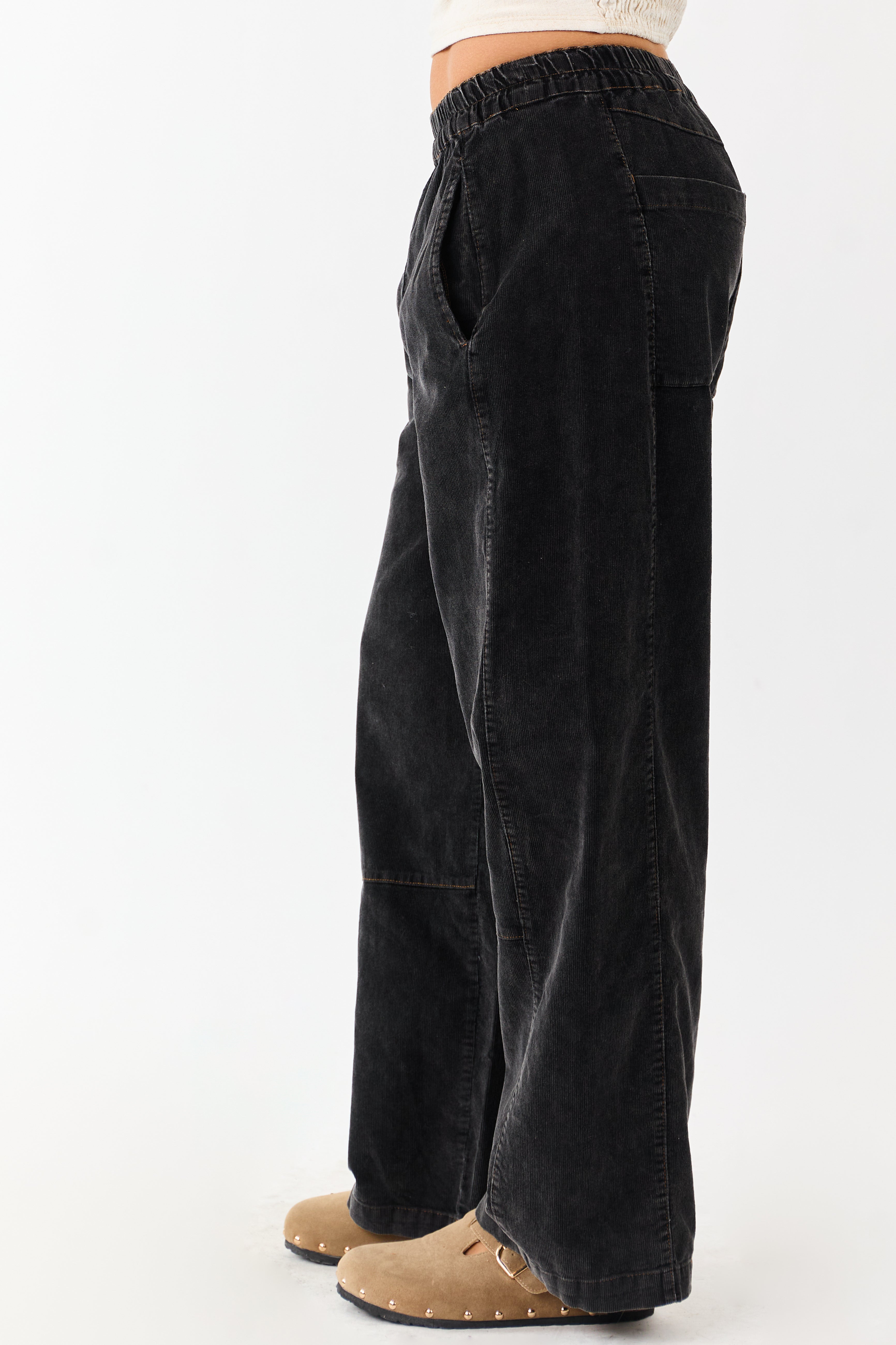Charcoal Stone Washed Corduroy Wide Leg Pants