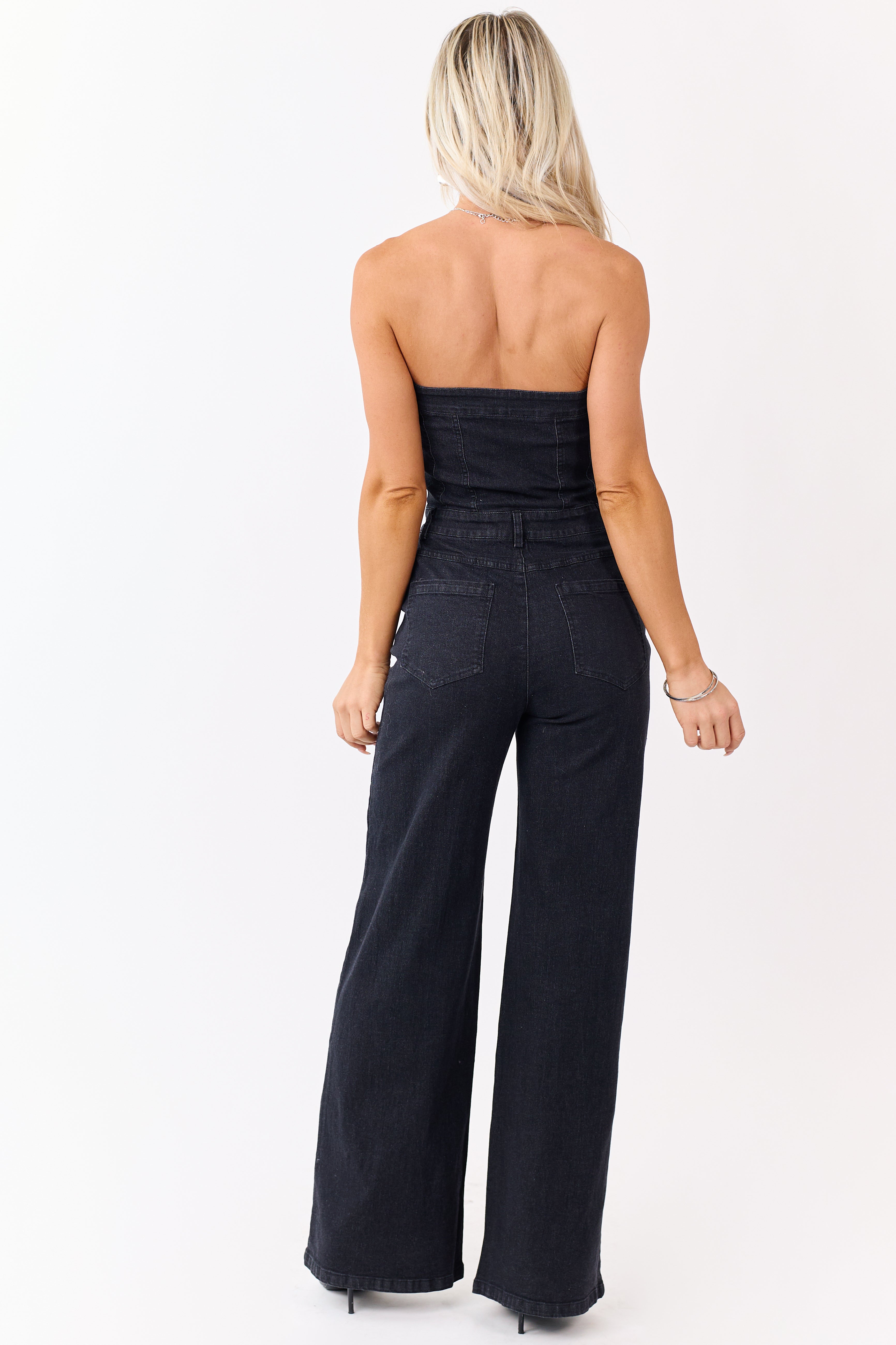 Charcoal Stretchy Denim Strapless Jumpsuit