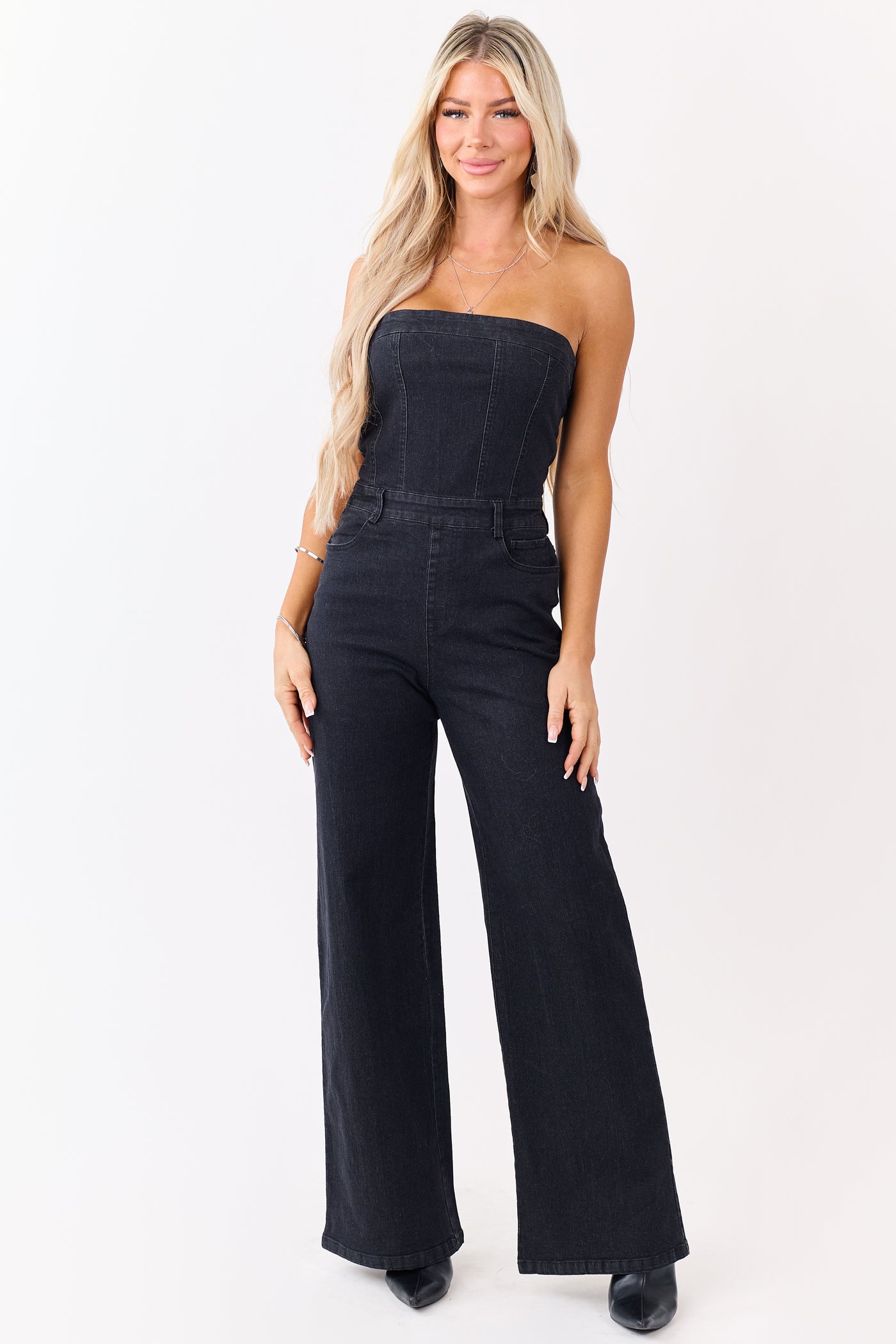 Charcoal Stretchy Denim Strapless Jumpsuit