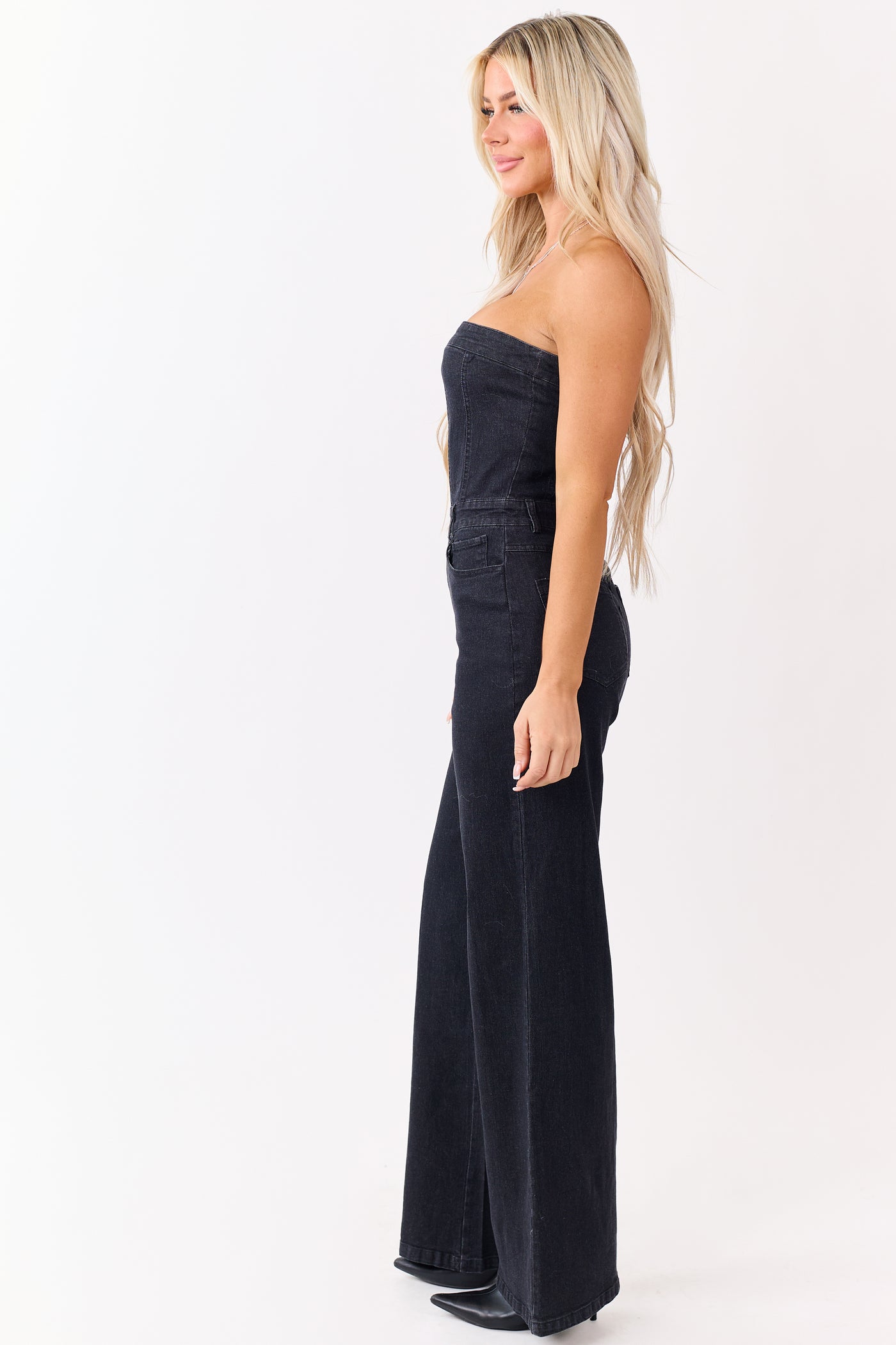 Charcoal Stretchy Denim Strapless Jumpsuit