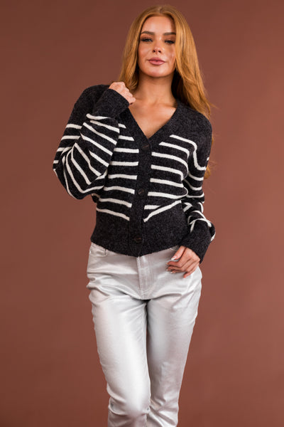 Charcoal Striped Cropped Button Up Cardigan
