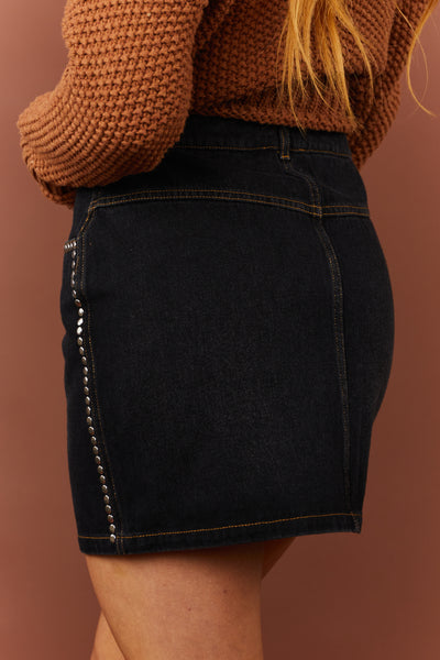Charcoal Studded Trim Detail Denim Skirt