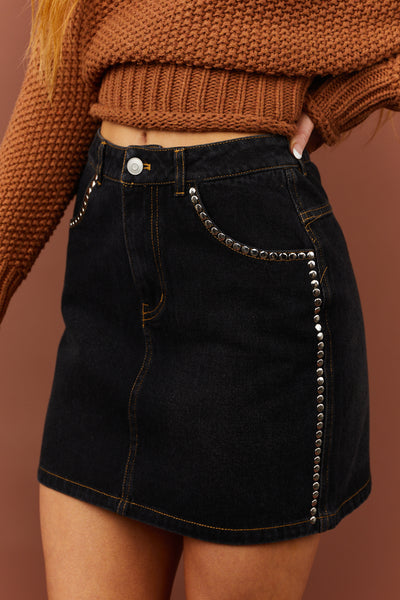 Charcoal Studded Trim Detail Denim Skirt