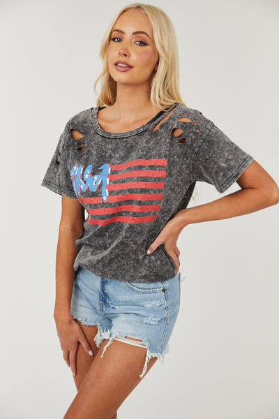 Charcoal USA Graphic Washed Distressed Knit Top