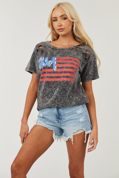 Charcoal USA Graphic Washed Distressed Knit Top