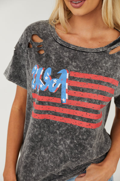 Charcoal USA Graphic Washed Distressed Knit Top