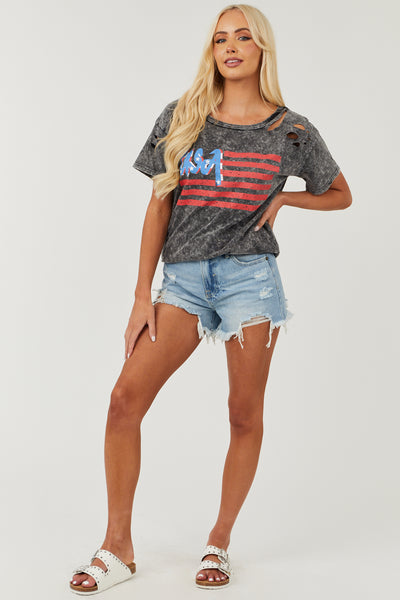 Charcoal USA Graphic Washed Distressed Knit Top