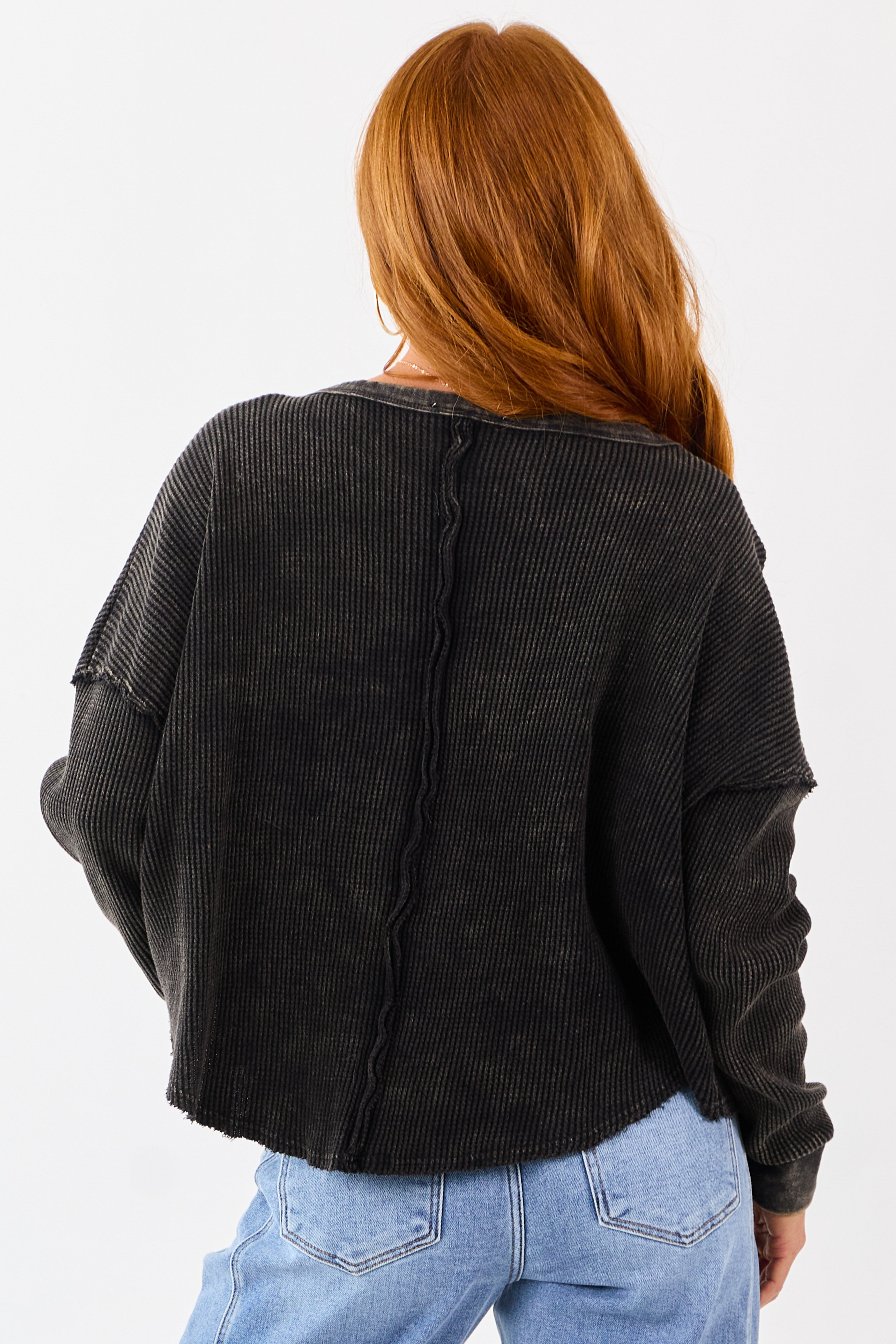 Charcoal Vintage Washed Waffle Knit Boxy Cotton Top