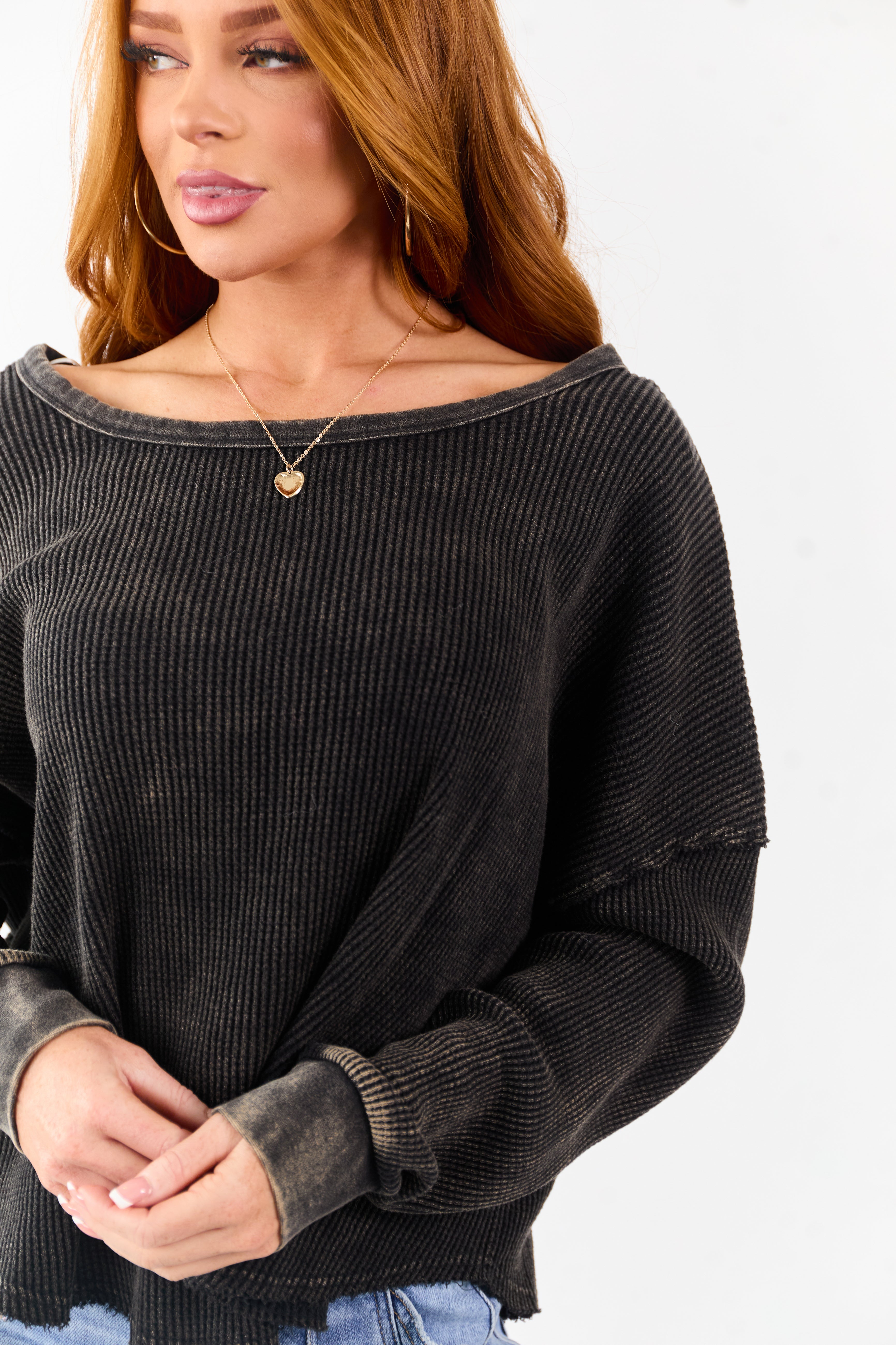 Charcoal Vintage Washed Waffle Knit Boxy Cotton Top