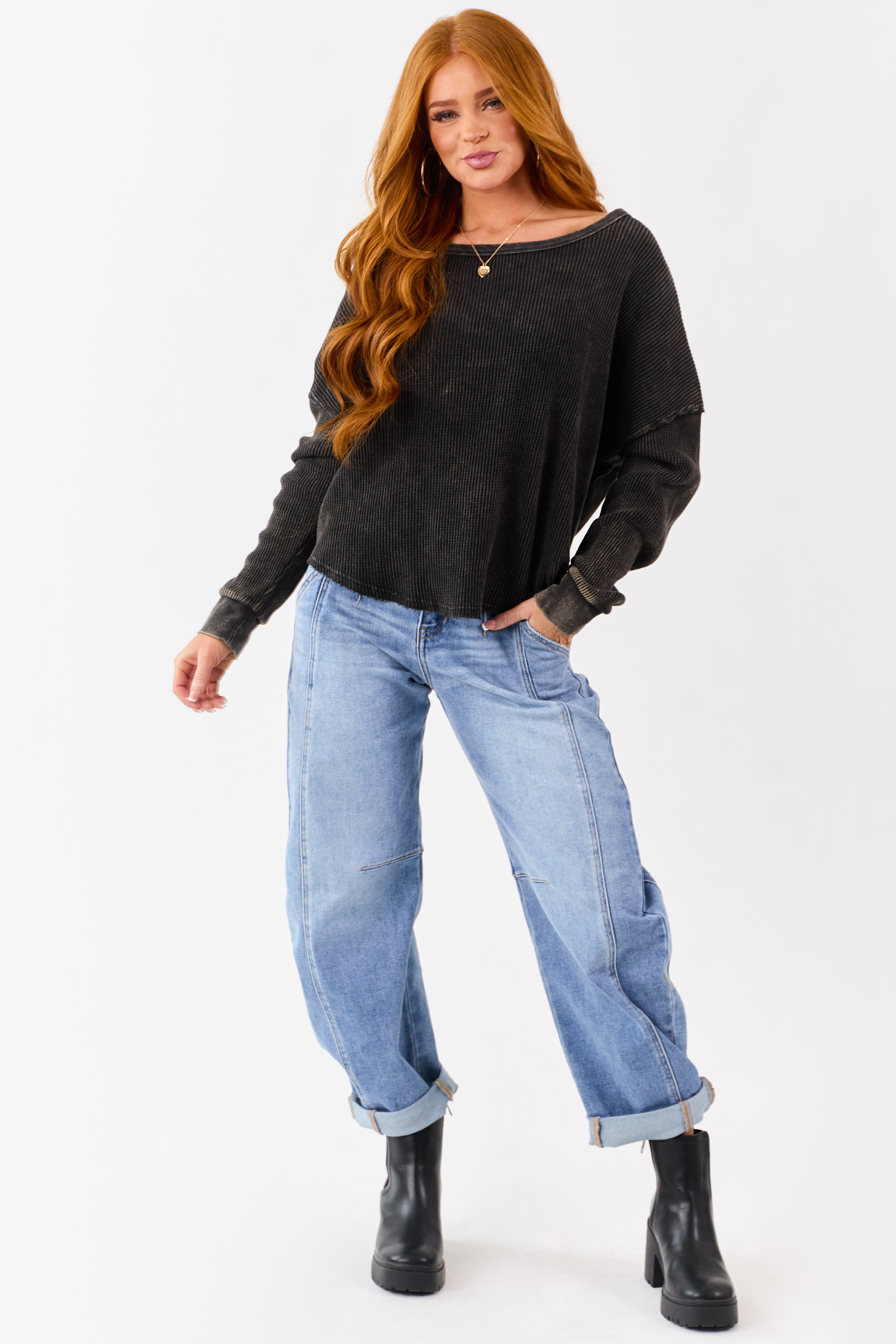 Charcoal Vintage Washed Waffle Knit Boxy Cotton Top