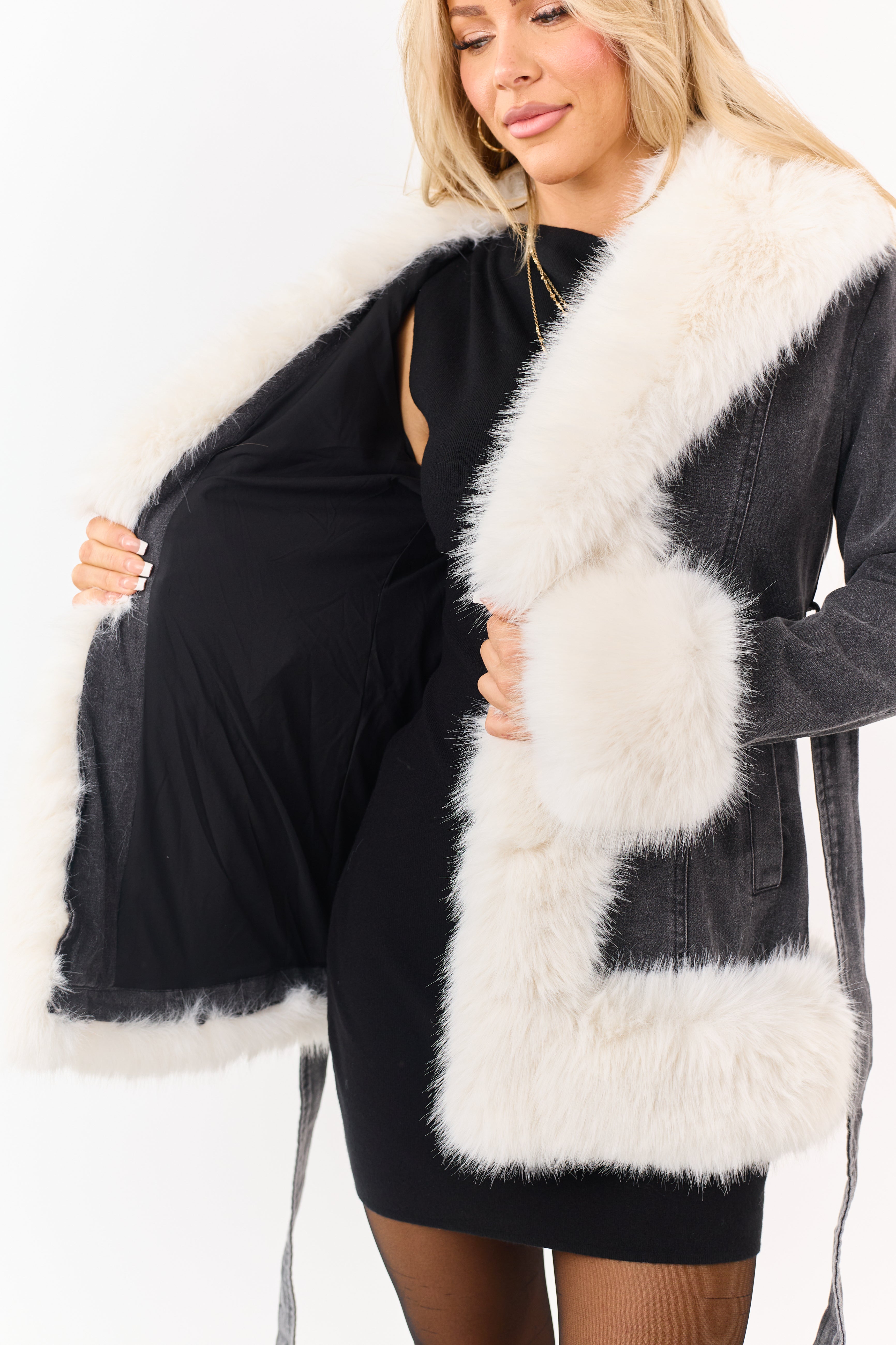 Charcoal Wash Denim Faux Fur Trim Jacket