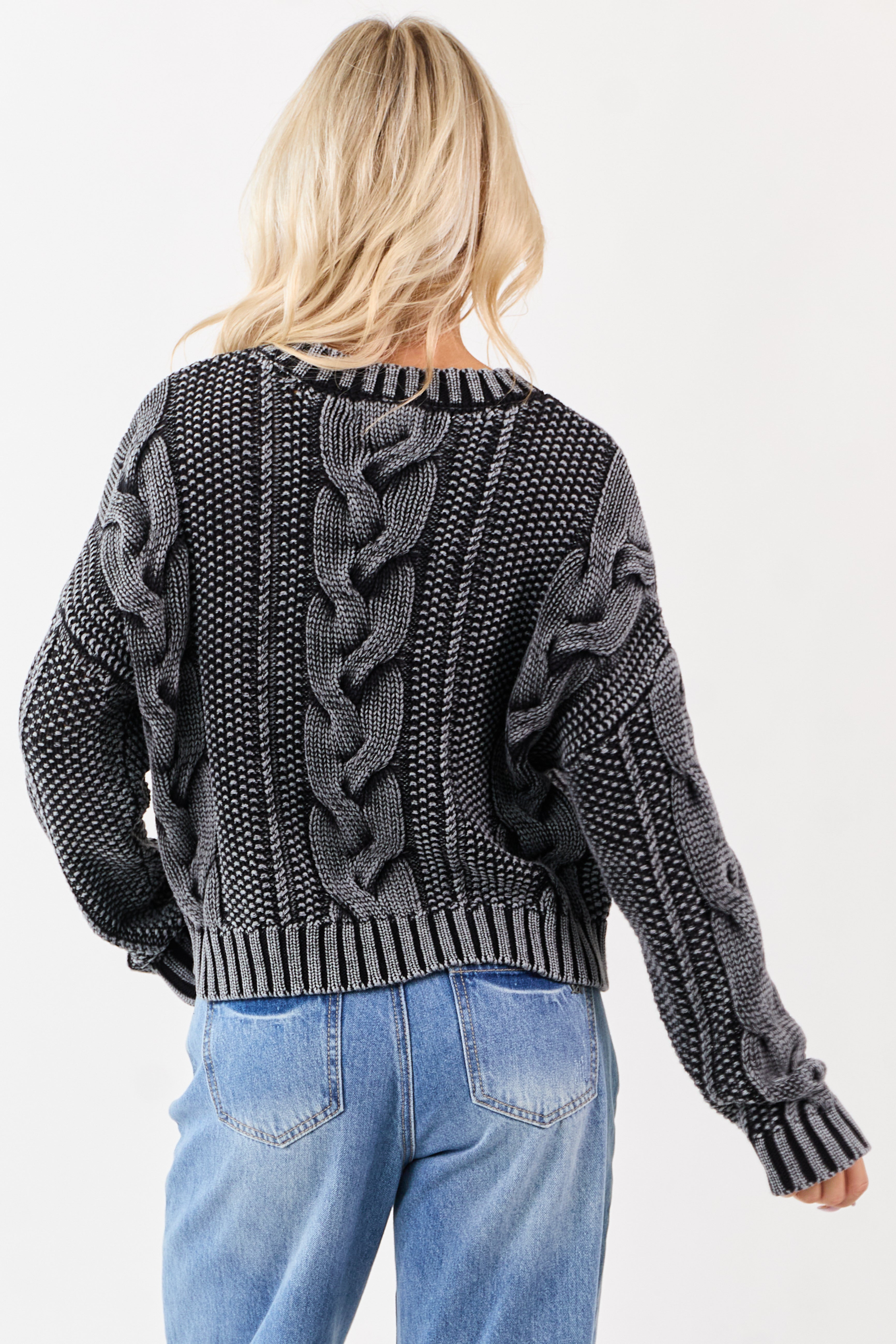 Charcoal Washed Cotton Cable Knit Pullover Sweater