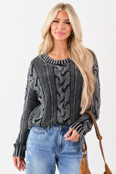 Charcoal Washed Cotton Cable Knit Pullover Sweater