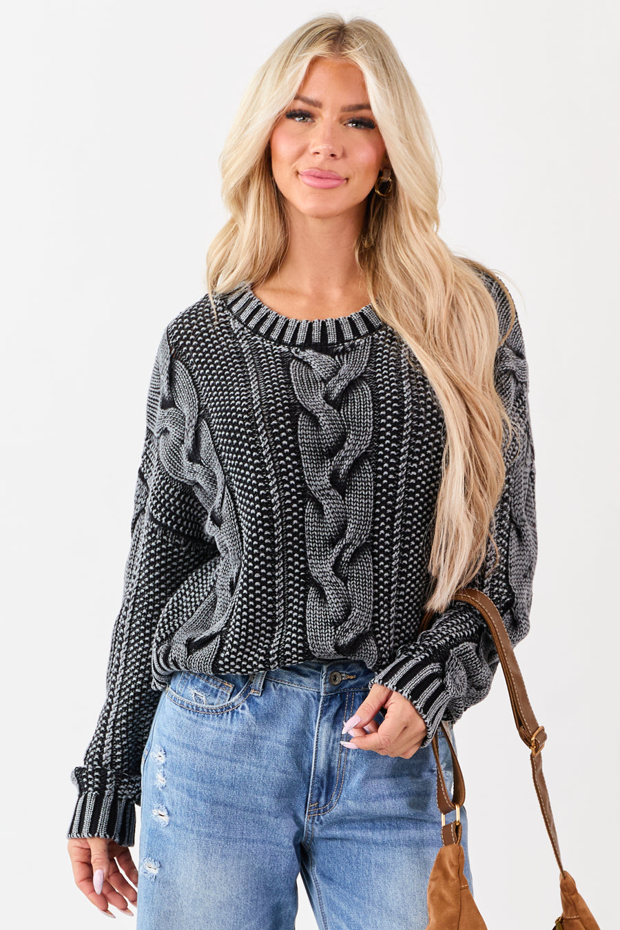 Charcoal Washed Cotton Cable Knit Pullover Sweater