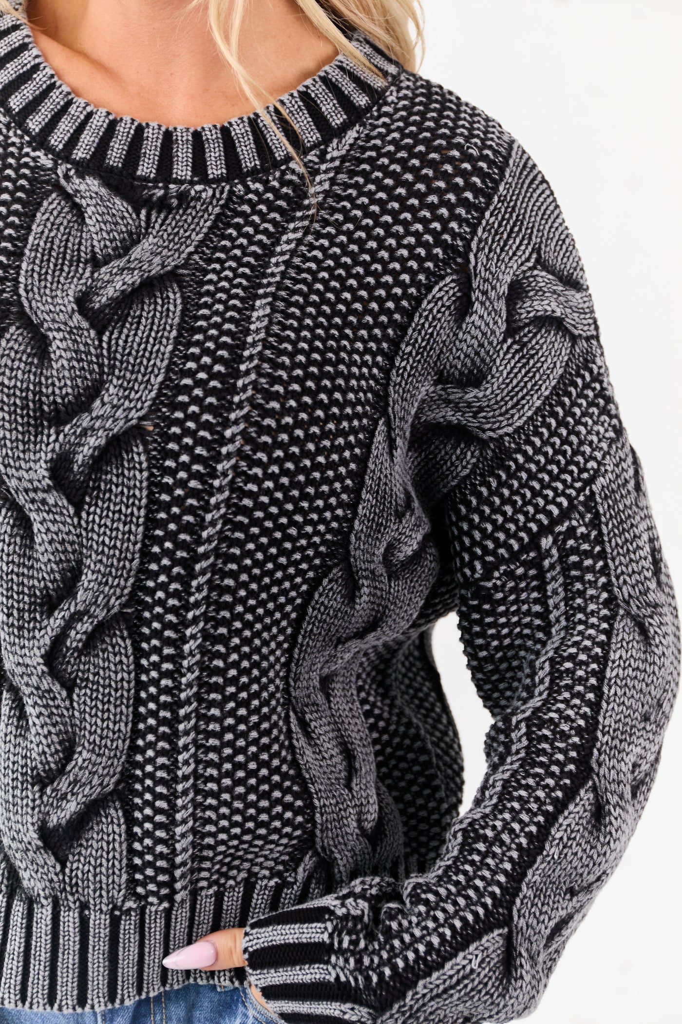 Charcoal Washed Cotton Cable Knit Pullover Sweater