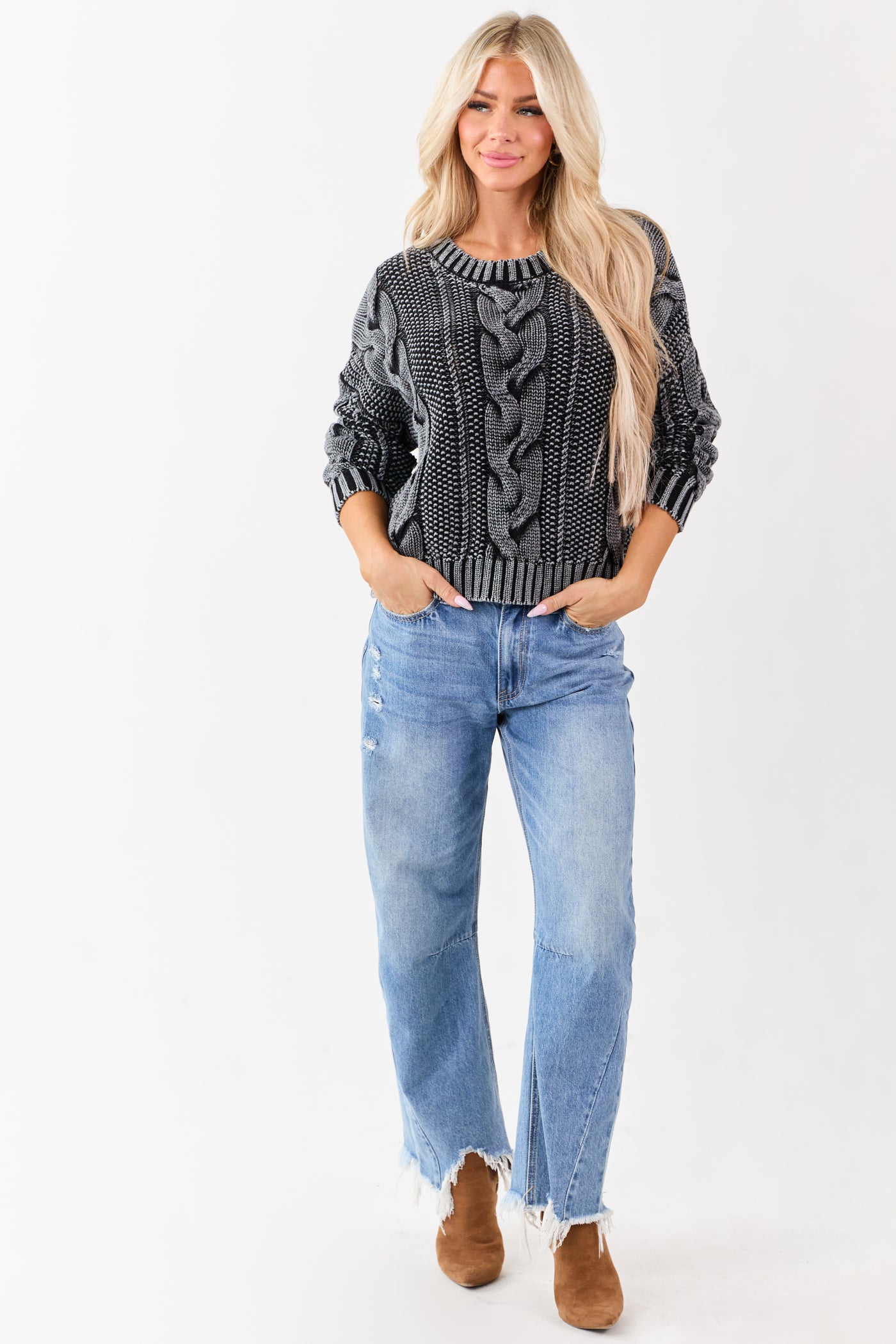 Charcoal Washed Cotton Cable Knit Pullover Sweater