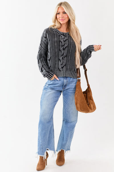 Charcoal Washed Cotton Cable Knit Pullover Sweater
