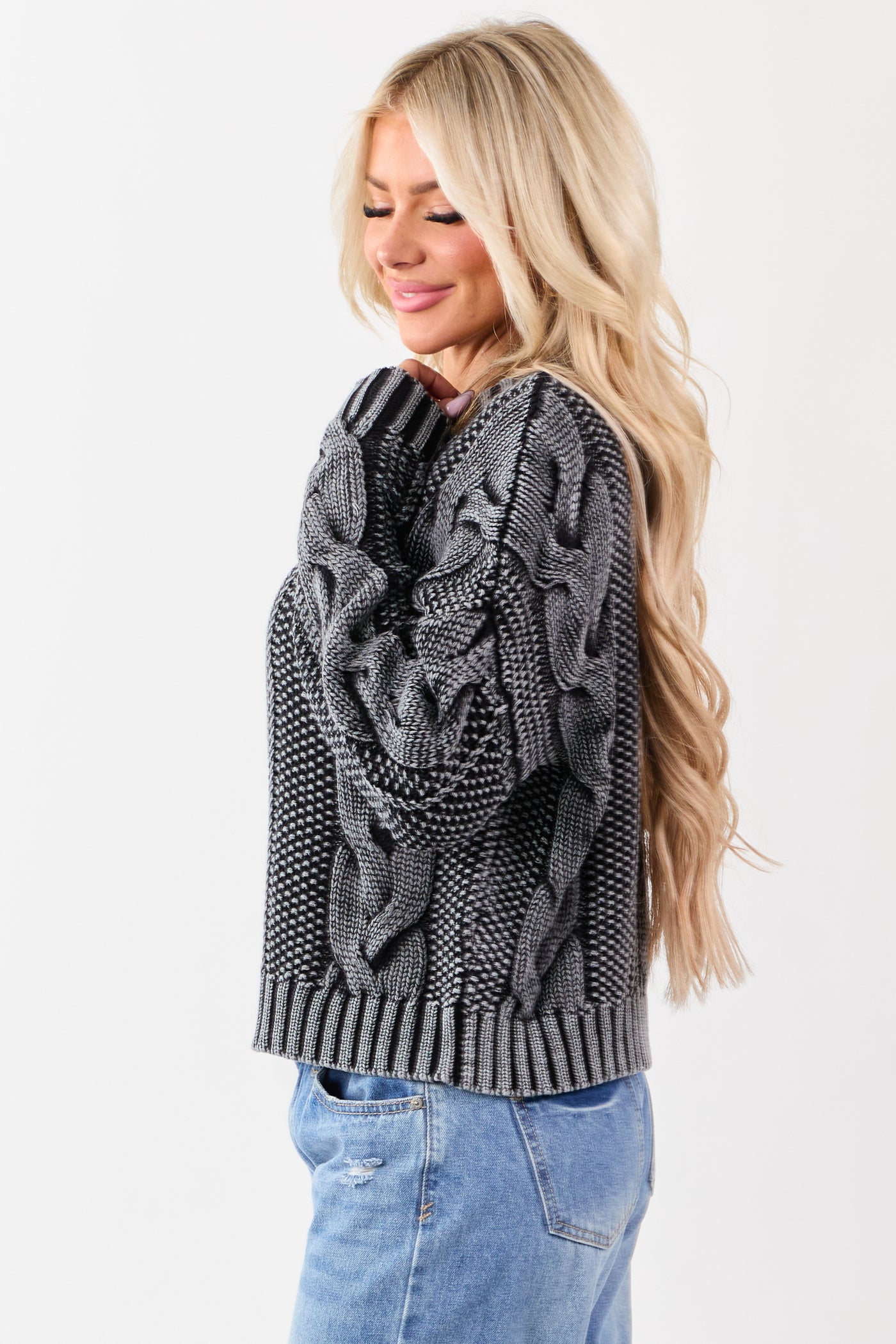 Charcoal Washed Cotton Cable Knit Pullover Sweater