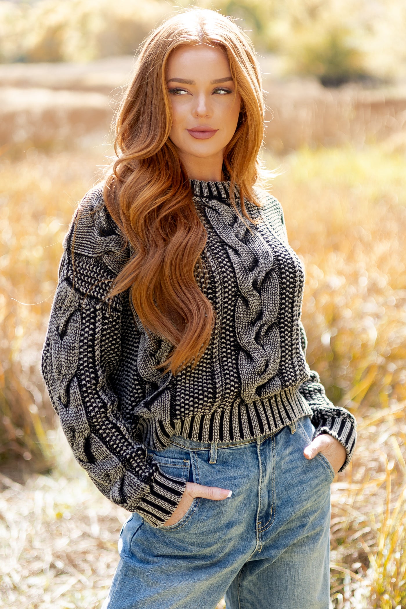 Charcoal Washed Cotton Cable Knit Pullover Sweater
