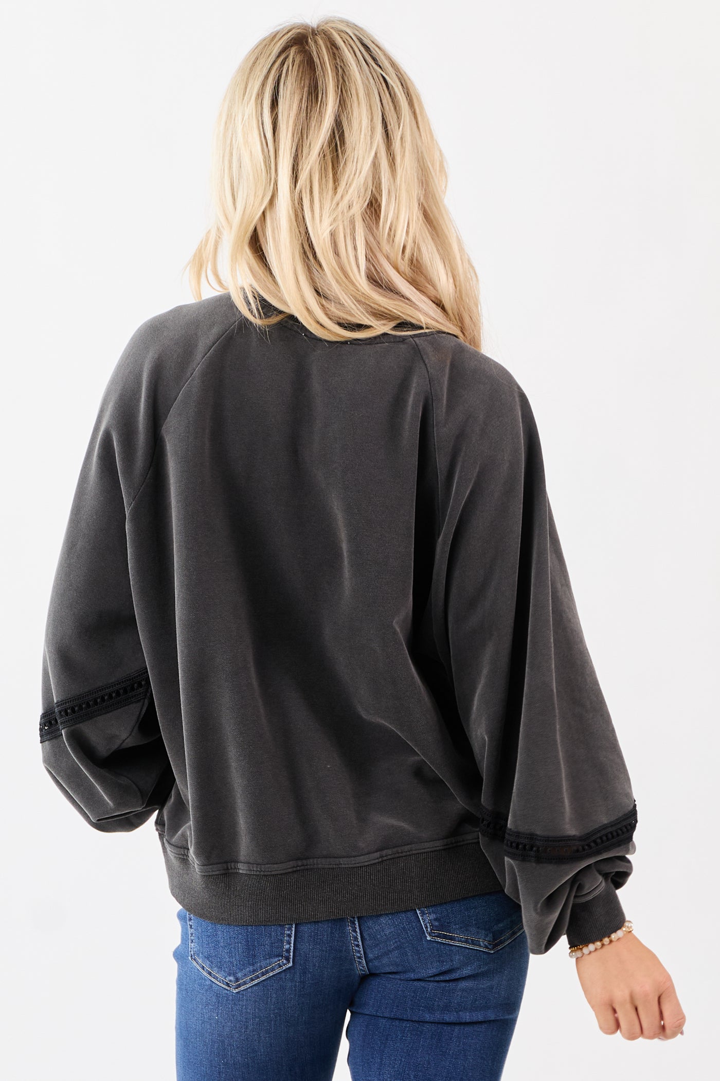 Charcoal Washed French Teddy Lace Trim Sweatshirt
