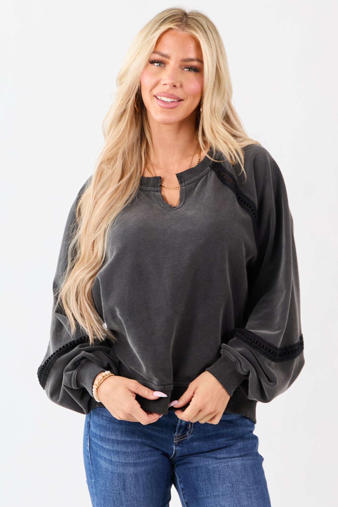 Charcoal Washed French Teddy Lace Trim Sweatshirt