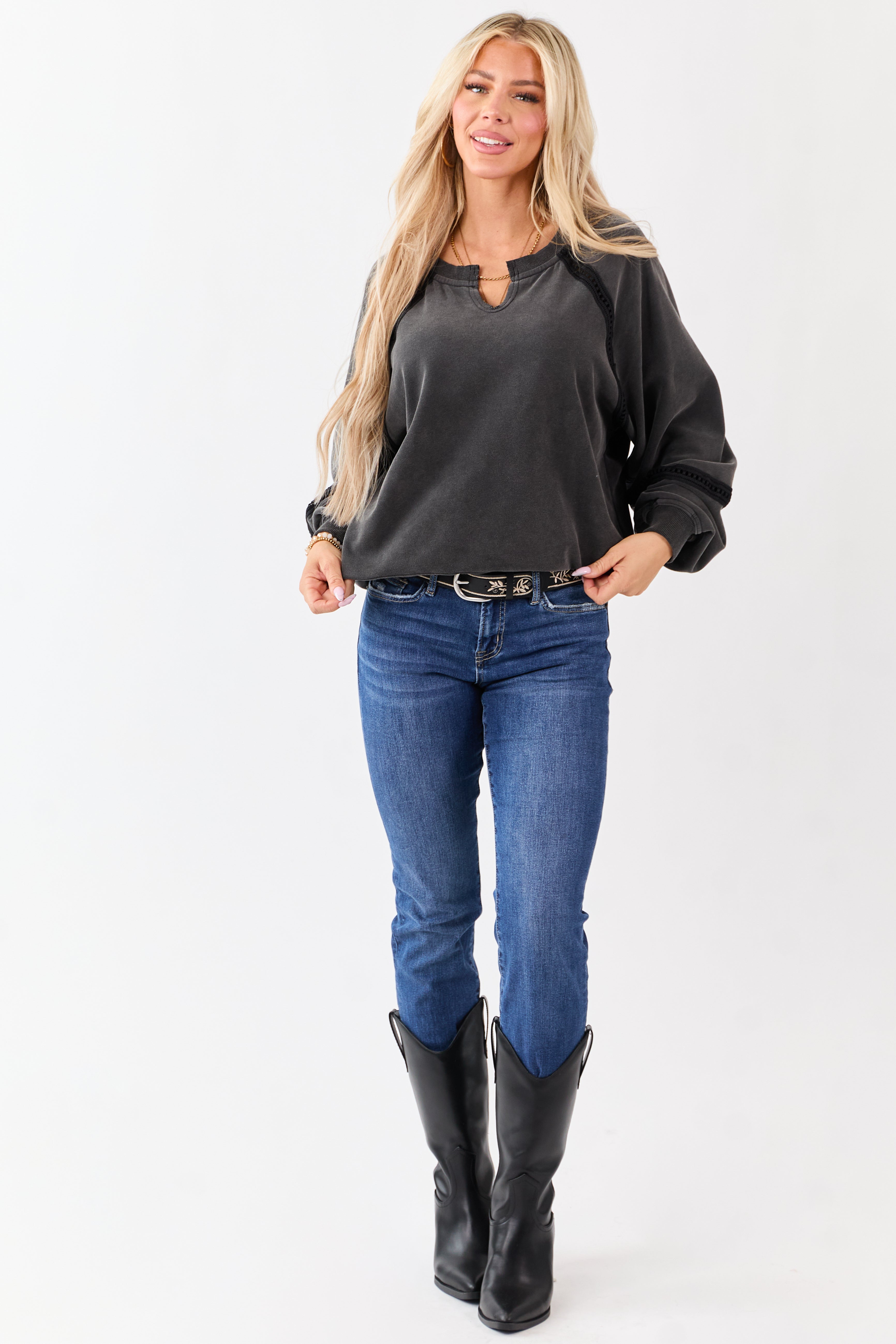 Charcoal Washed French Teddy Lace Trim Sweatshirt