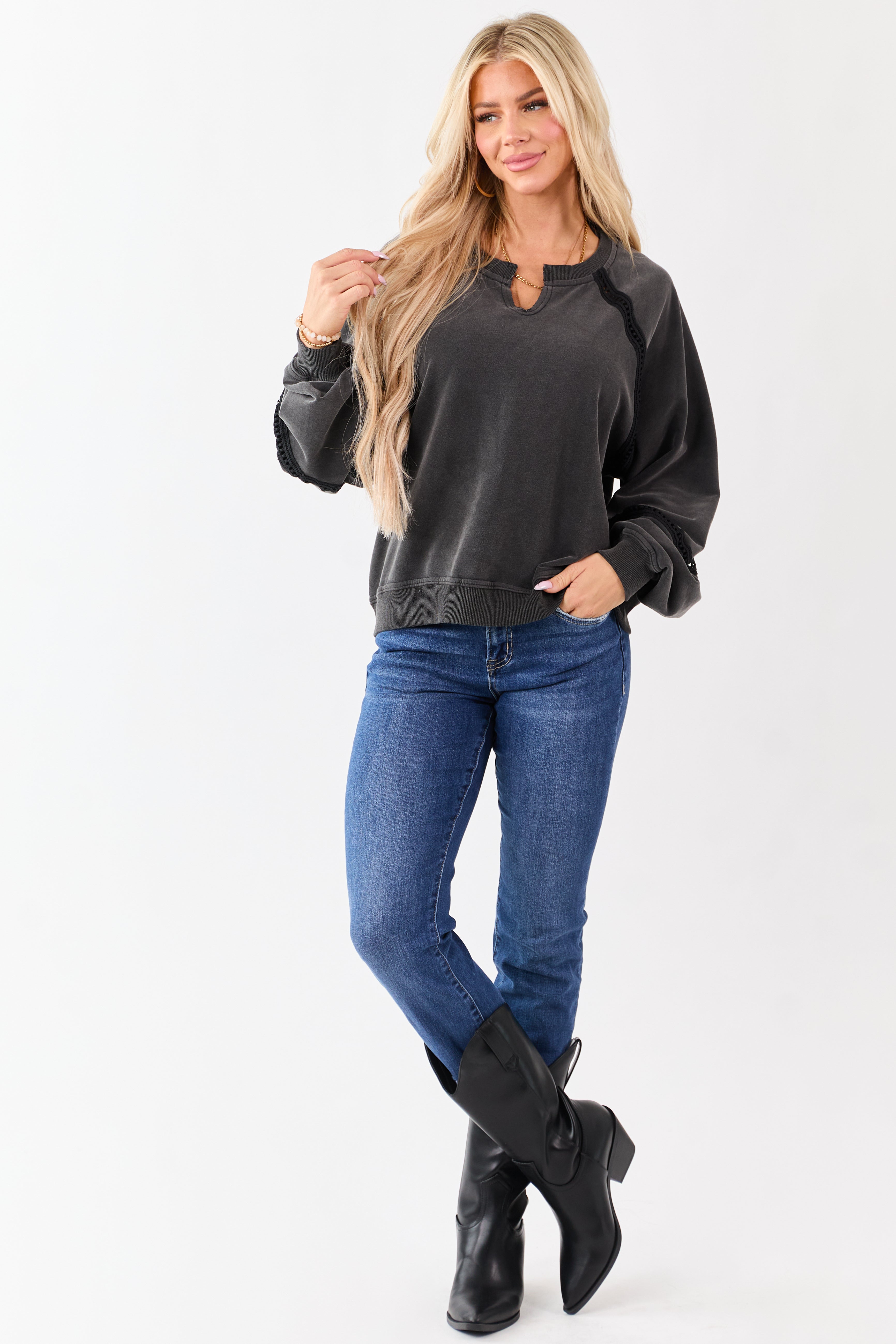 Charcoal Washed French Teddy Lace Trim Sweatshirt
