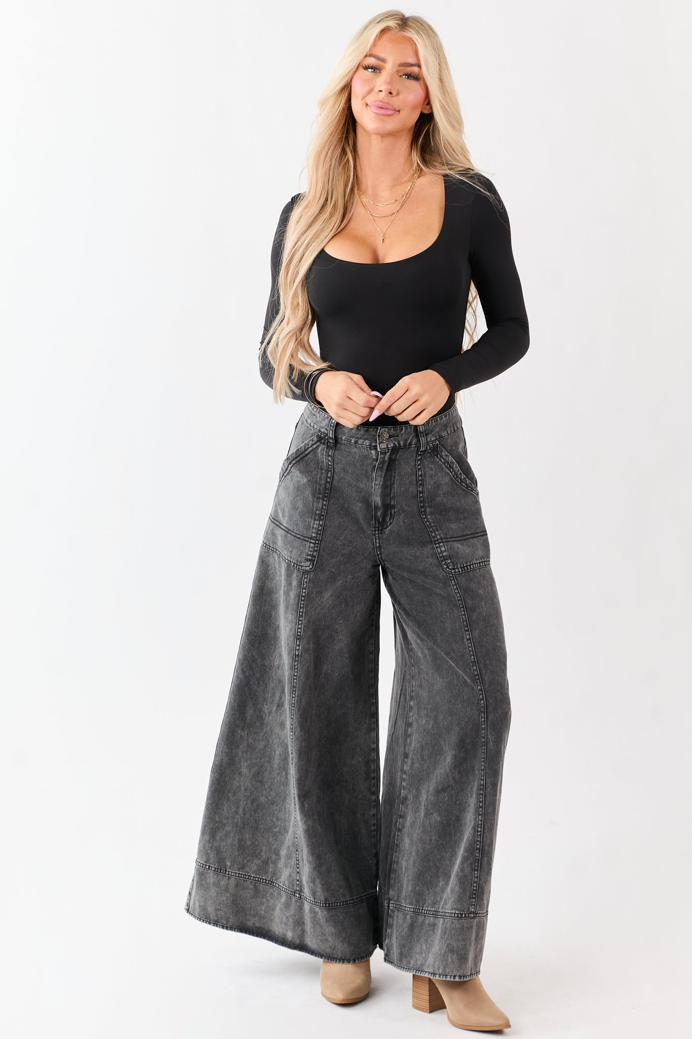 Charcoal Washed Palazzo Carpenter Denim Pants