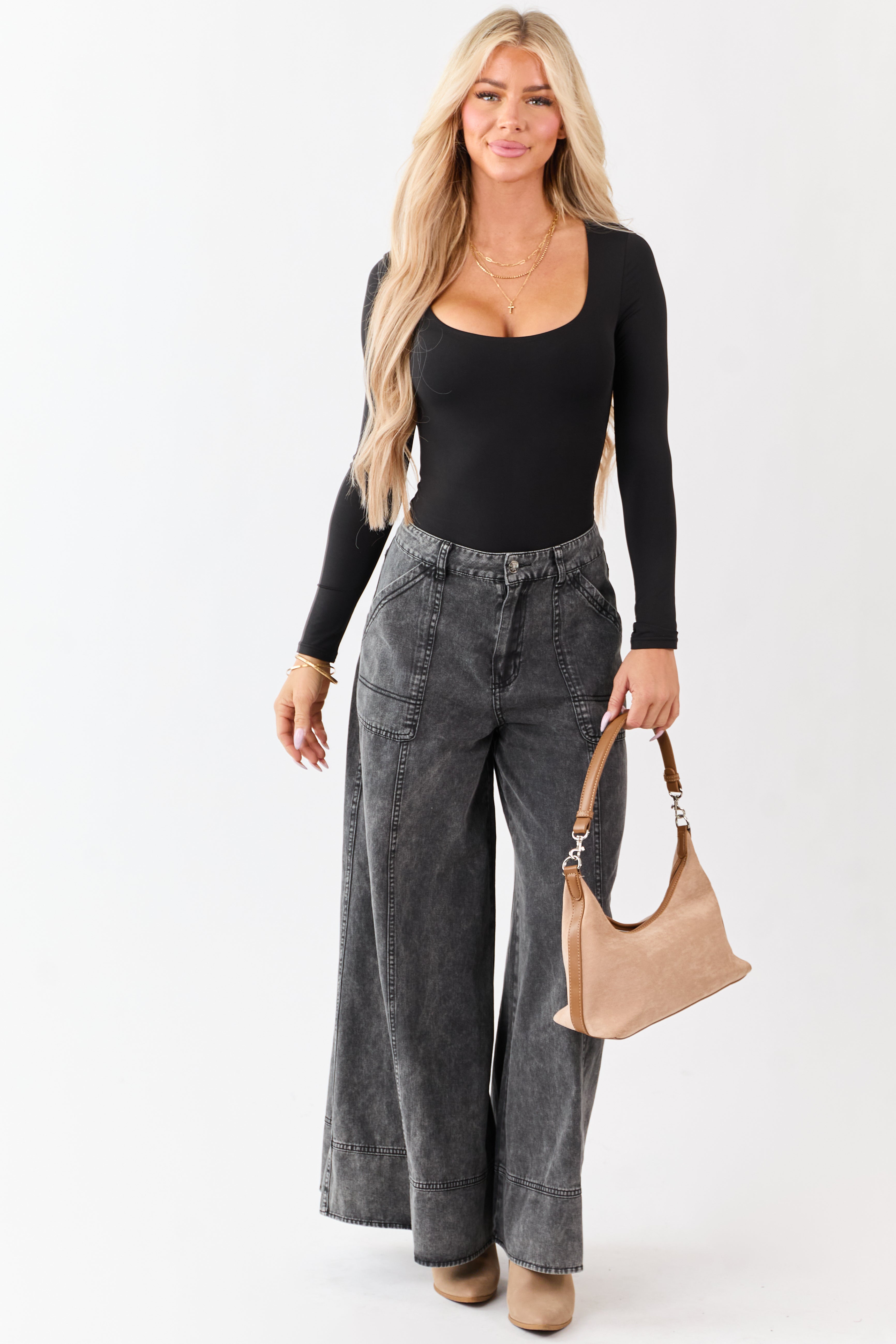 Charcoal Washed Palazzo Carpenter Denim Pants | Lime Lush Boutique