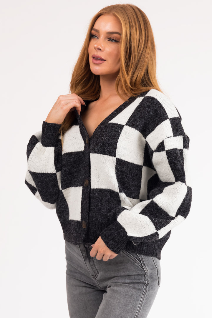 Charcoal and Cloud Grey Checkered Cardigan