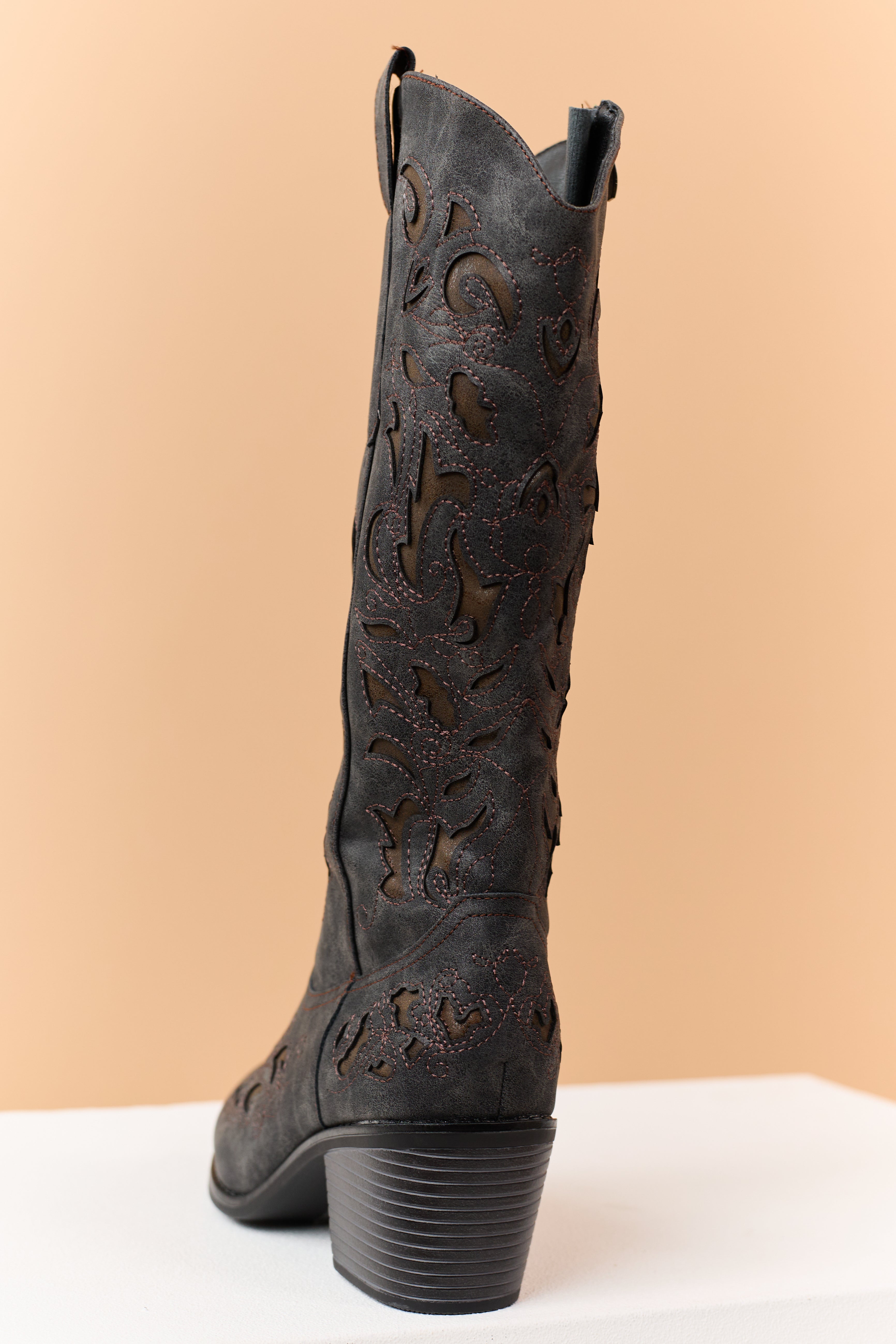 Charcoal Faux Leather Cut Out Embroidered Boots