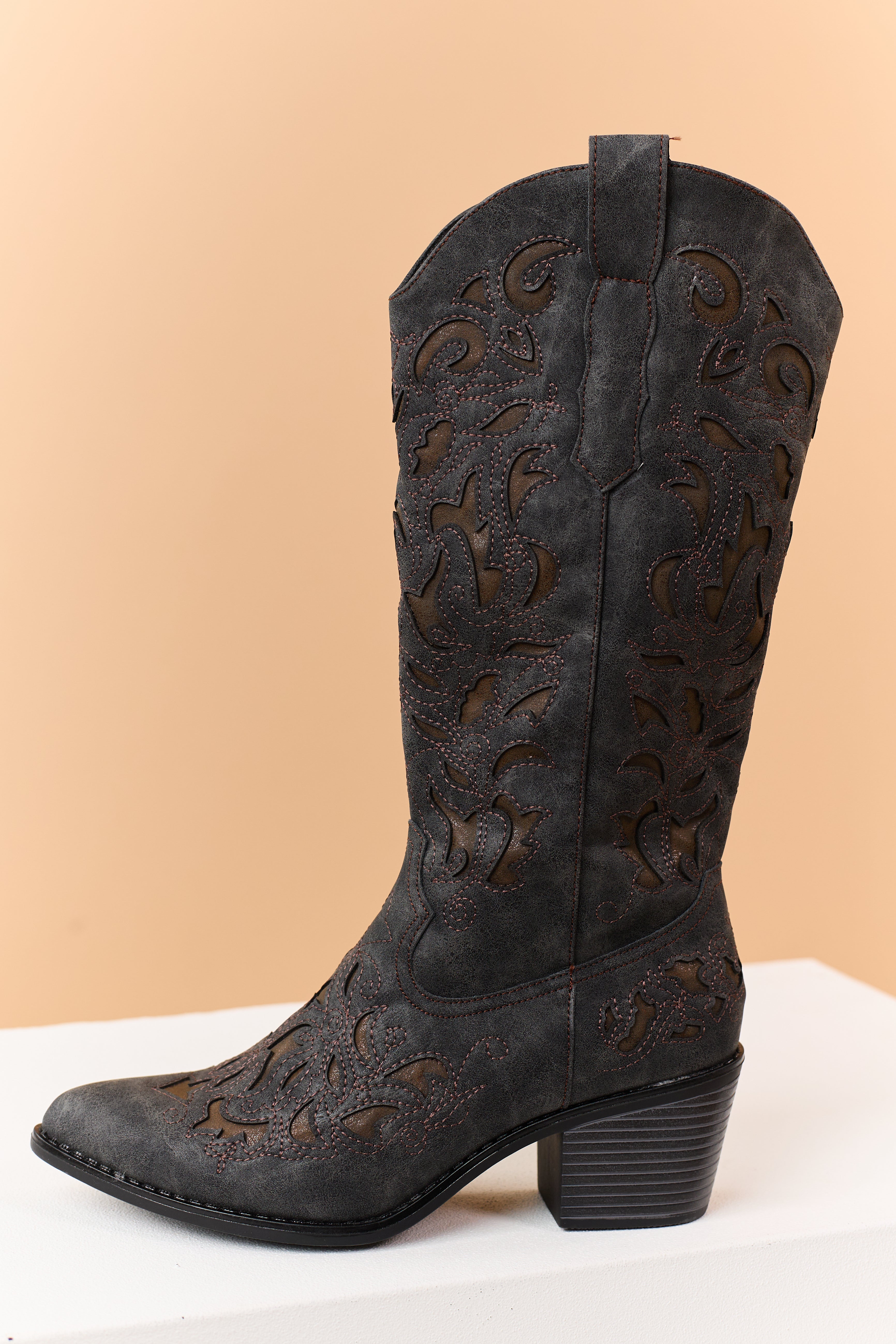 Charcoal Faux Leather Cut Out Embroidered Boots