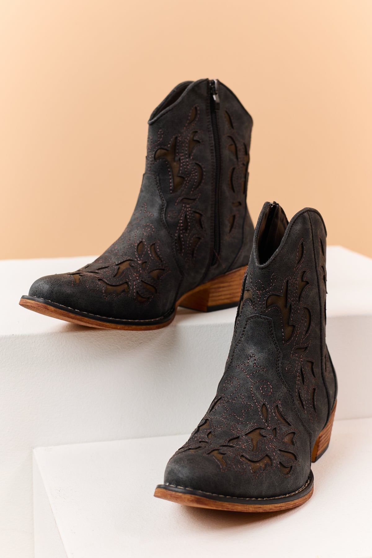 Charcoal Faux Suede Cut Out Embroidery Booties