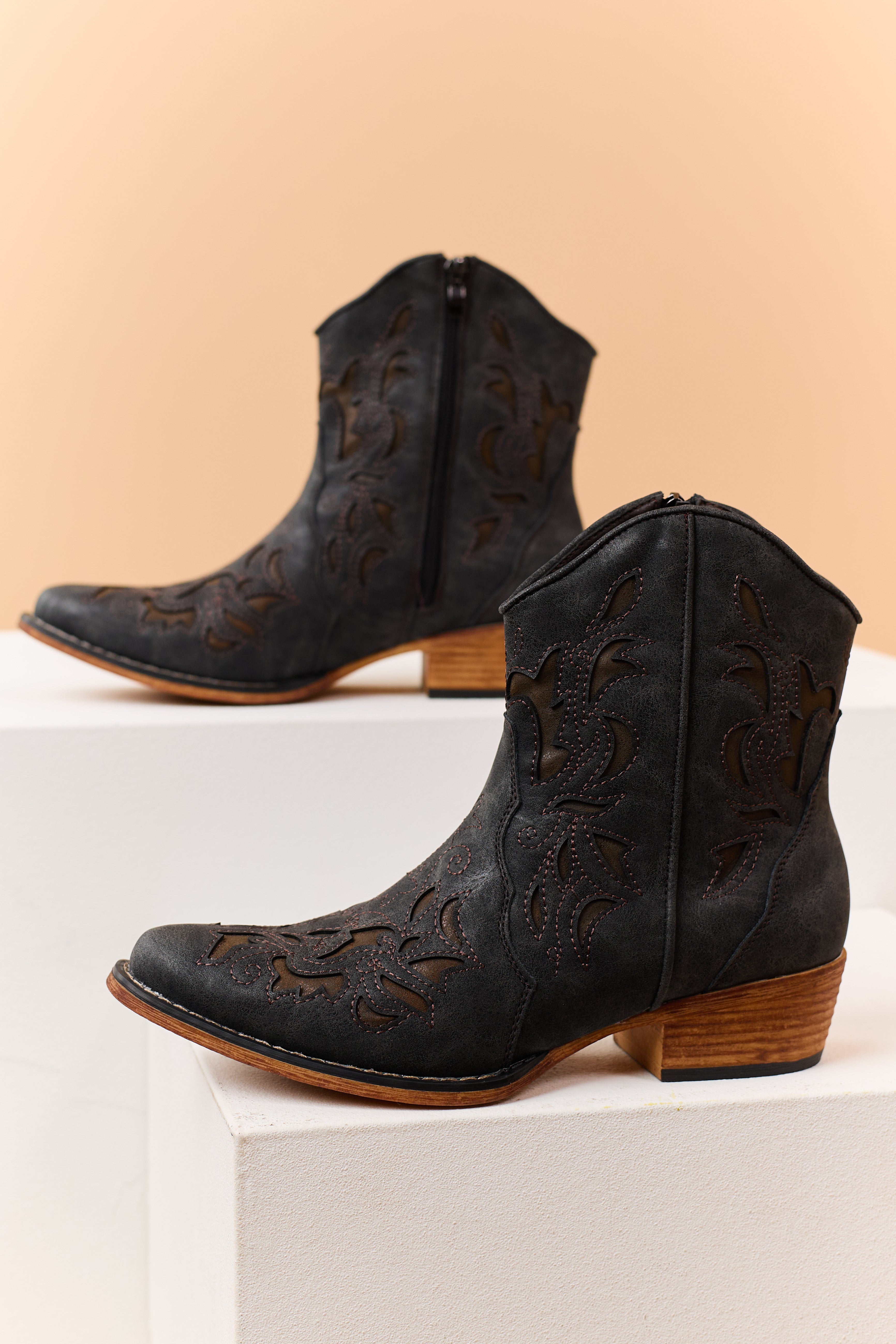 Charcoal Faux Suede Cut Out Embroidery Booties