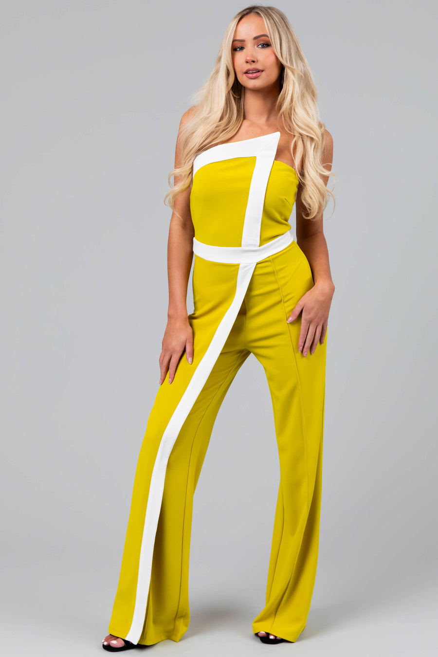 Chartreuse and Off White Strapless Jumpsuit