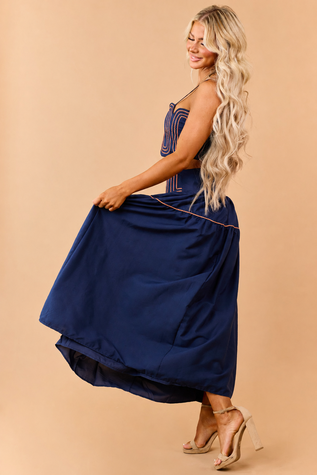 Navy Cotton Orange Detail Tank Top and Skirt Set