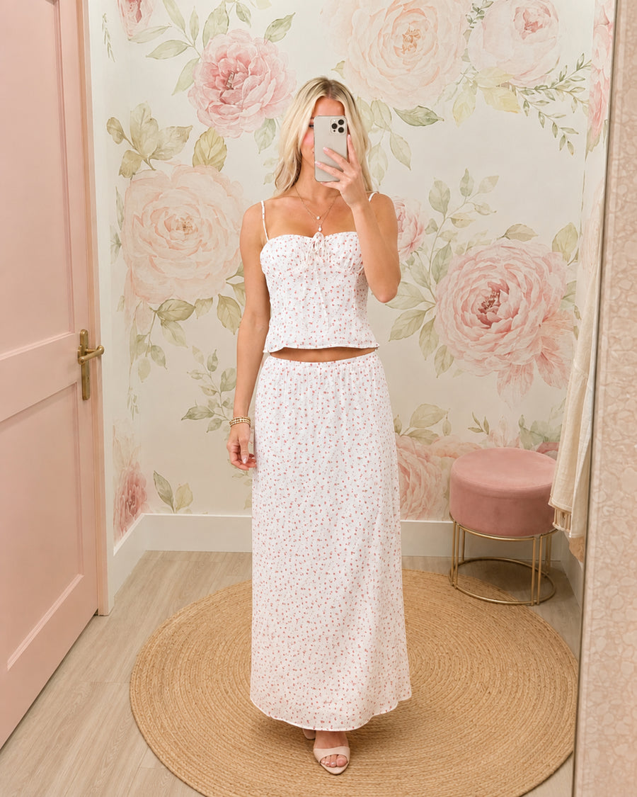 Ivory Ditsy Floral Print Front Tie Tank Top