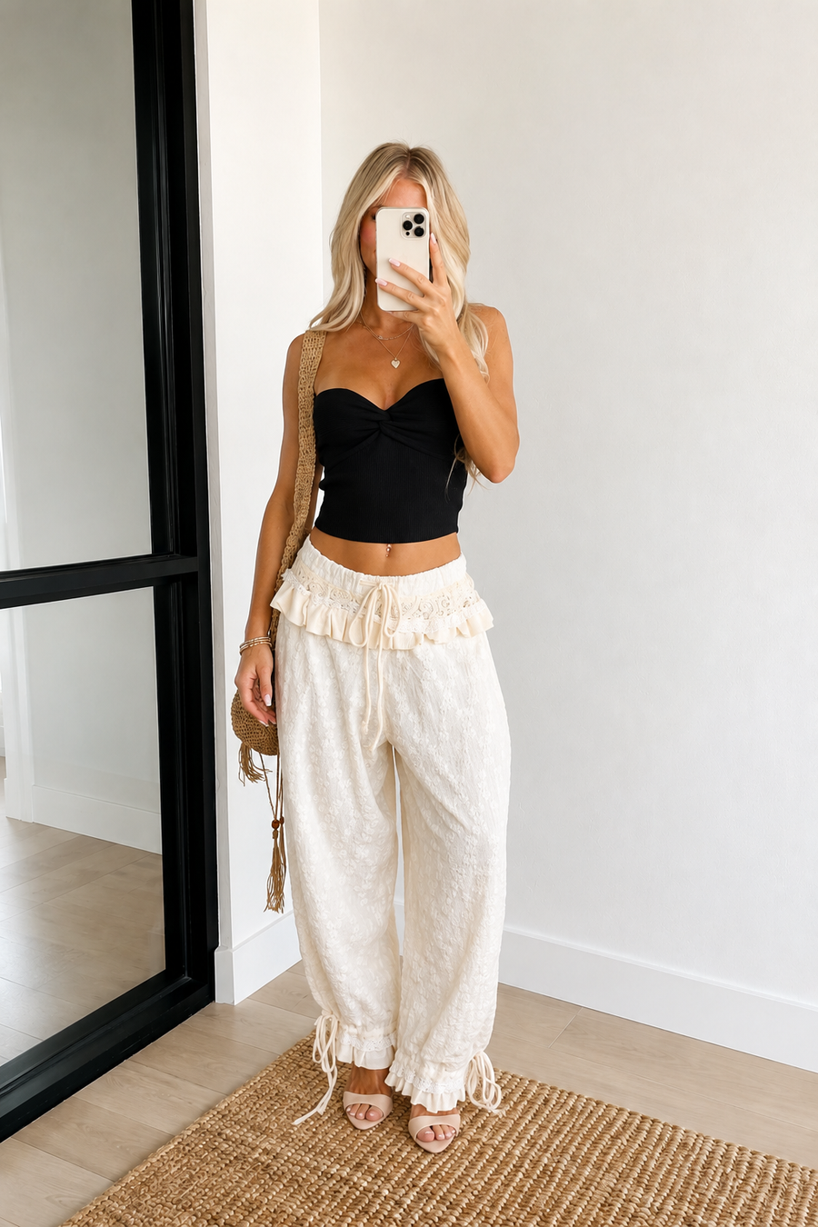 POL Cream Floral Lace Ruffle Trim Wide Leg Pants
