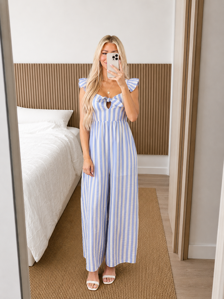 Powder Blue Striped Bust Tie Wide Leg Jumpsuit