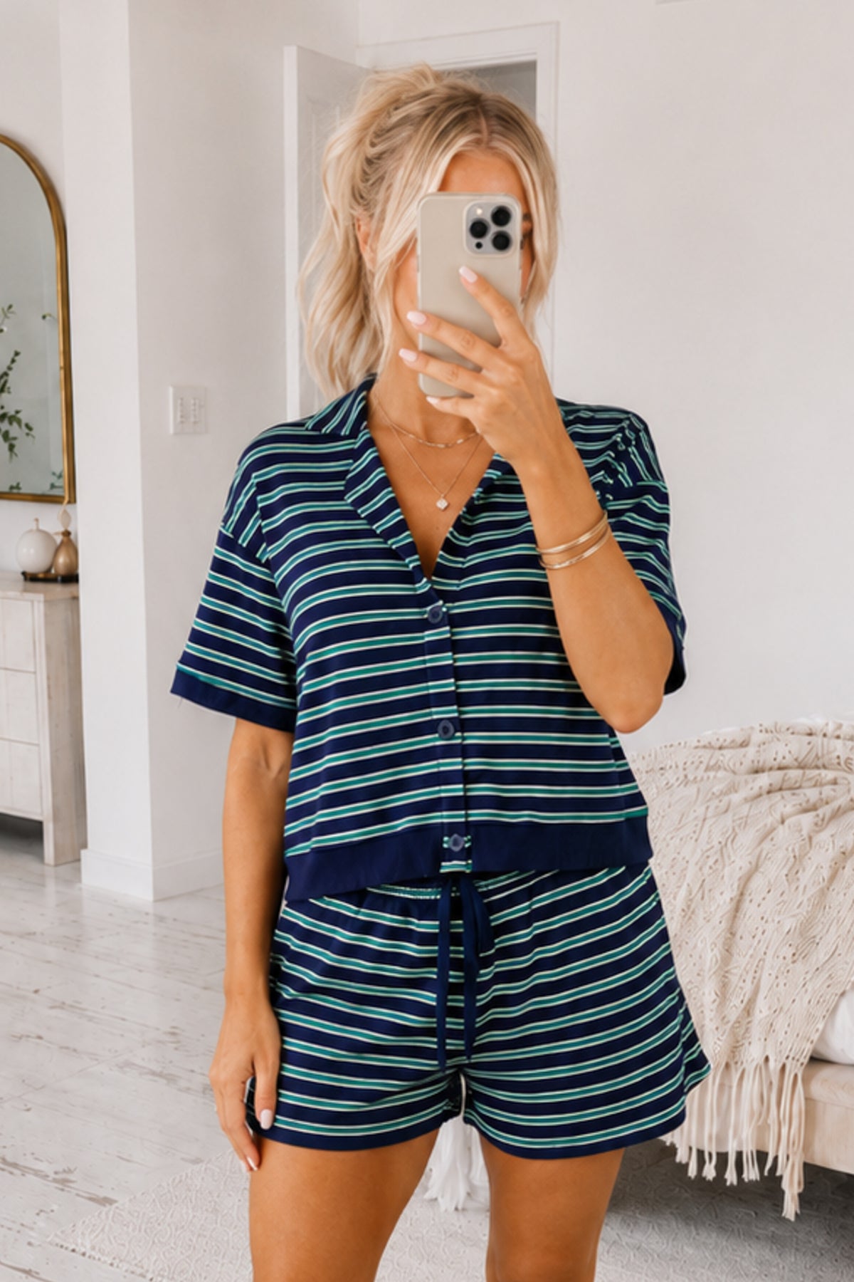 Navy Striped Rib Trim Button Down Short Sleeve Top