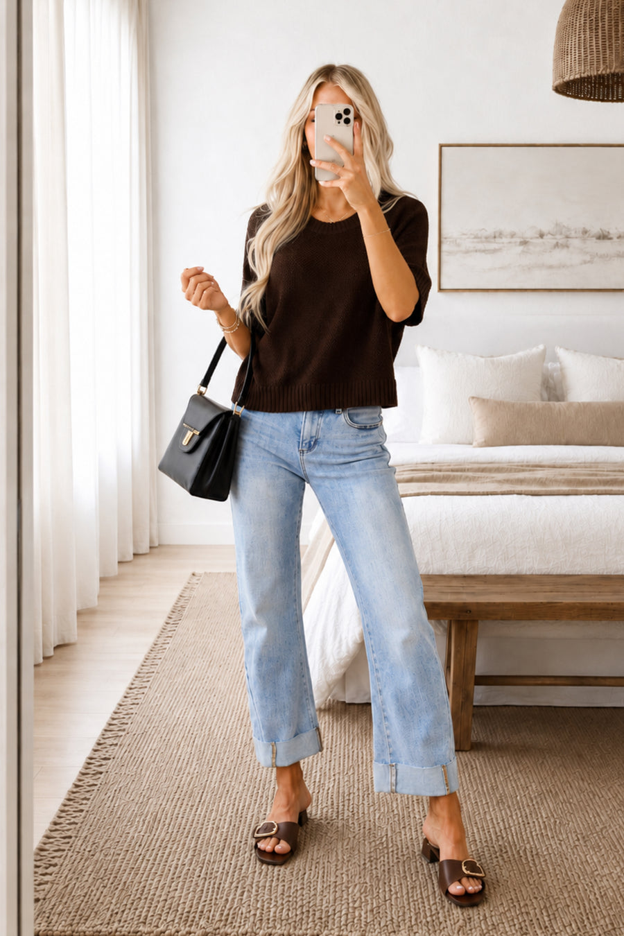 Saige Light Wash Tummy Control Cuffed Straight Jeans