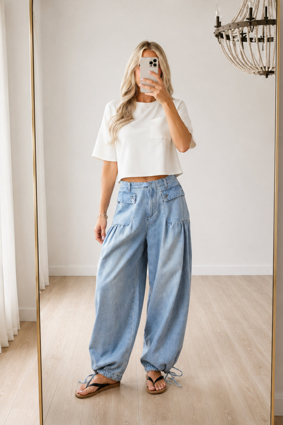 Light Wash Lightweight Denim Tie Hem Wide Pants