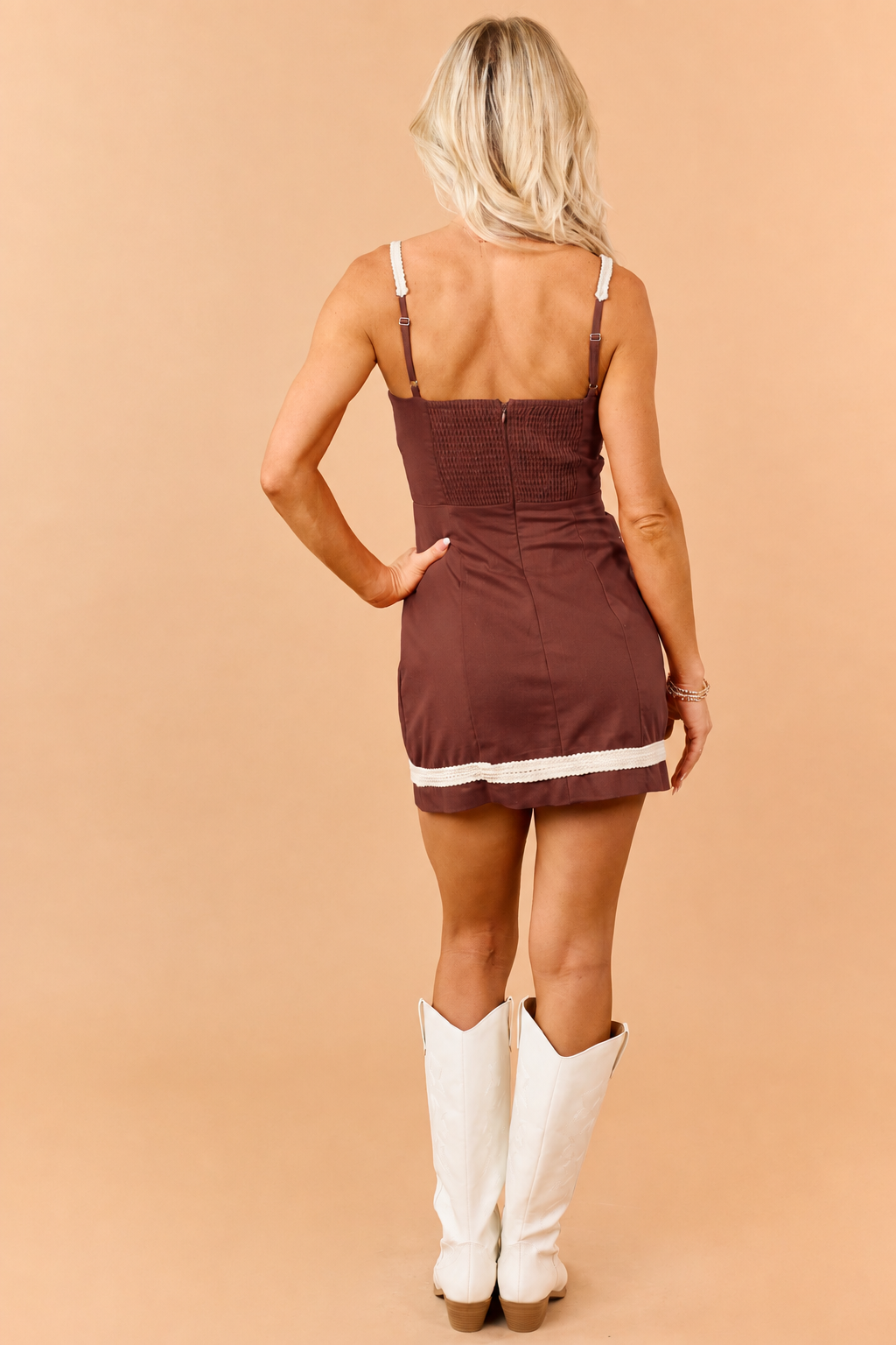 Chocolate Contrast Braided Trim Linen Blend Mini Dress