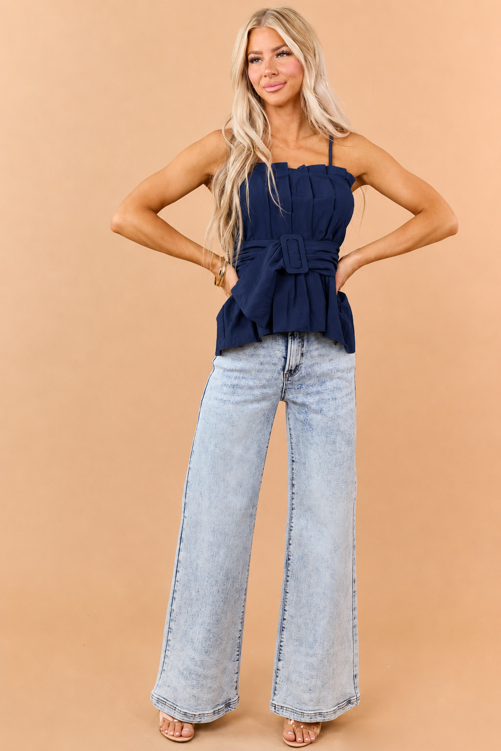 Navy Pleated Tank Top with Matching Belt