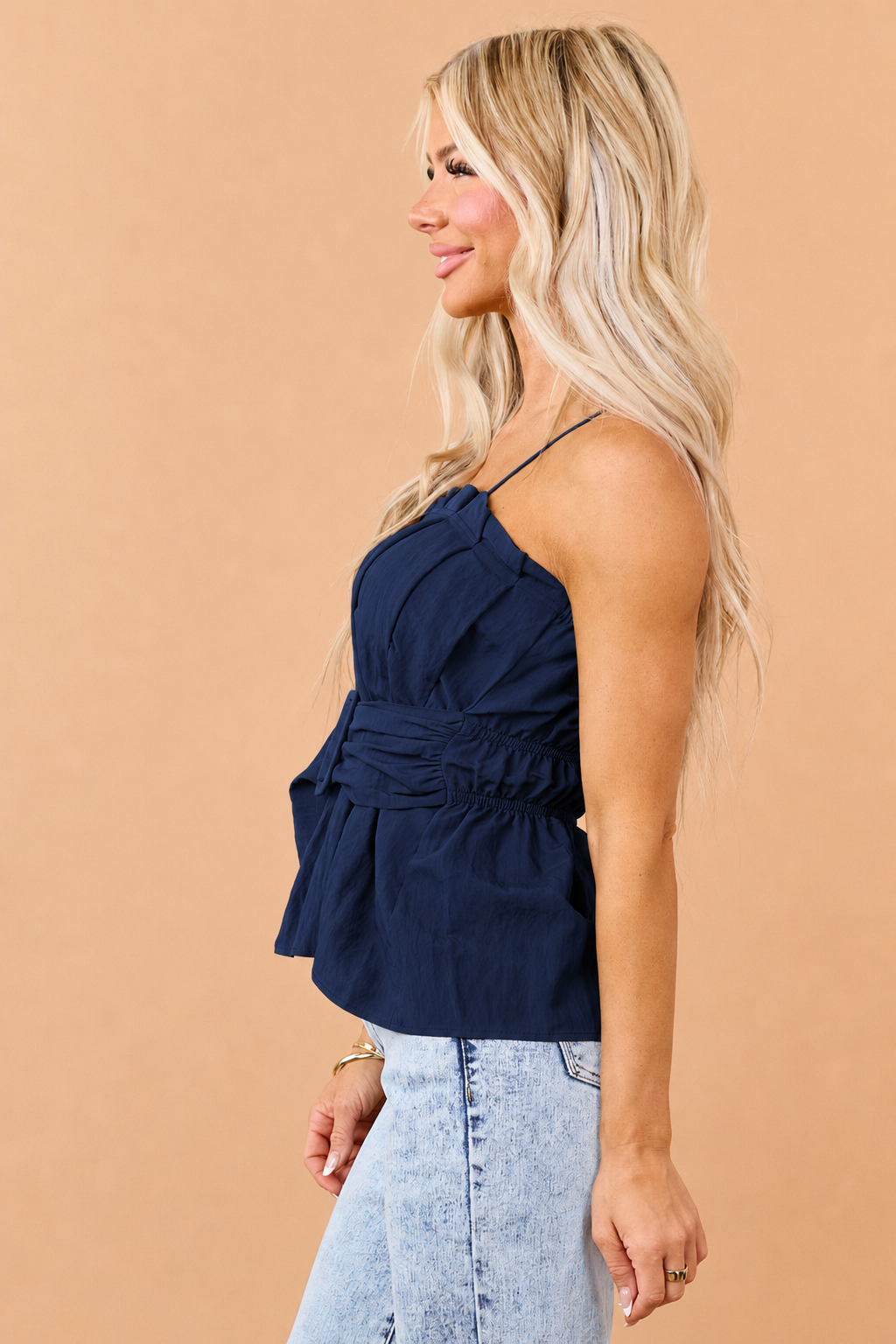 Navy Pleated Tank Top with Matching Belt