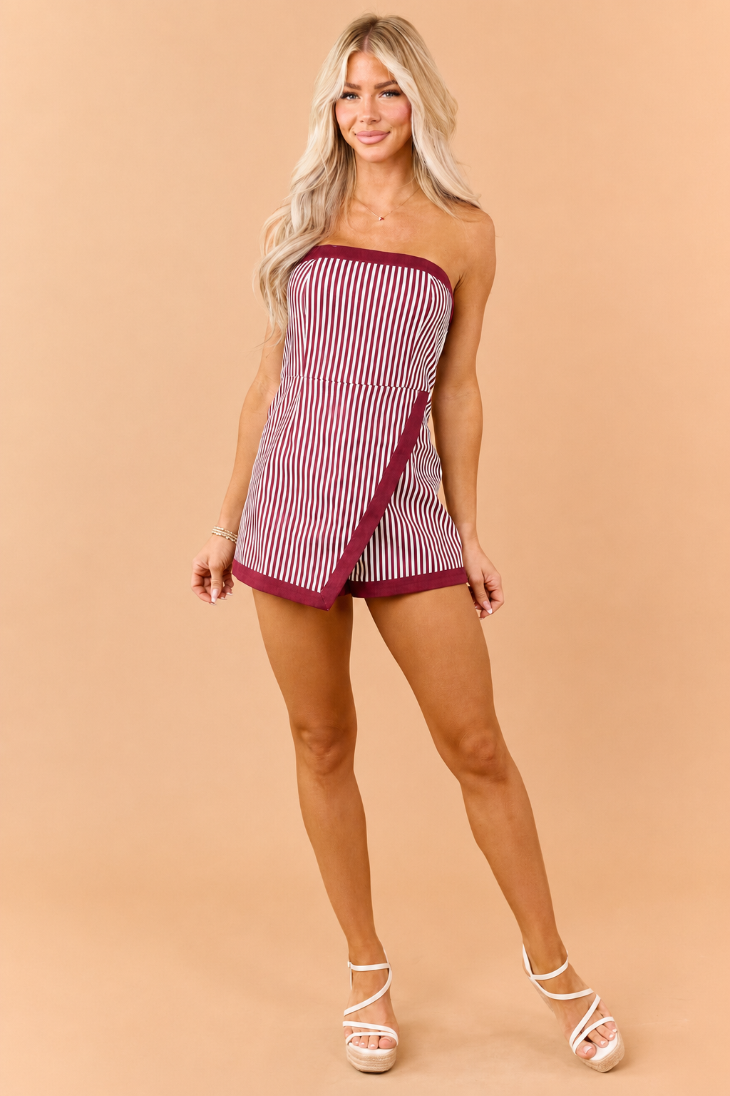 PRE-ORDER Burgundy Striped Denim Wrap Around Romper SHIP ETA 8/14