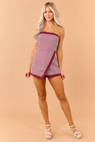 PRE-ORDER Burgundy Striped Denim Wrap Around Romper SHIP ETA 8/14
