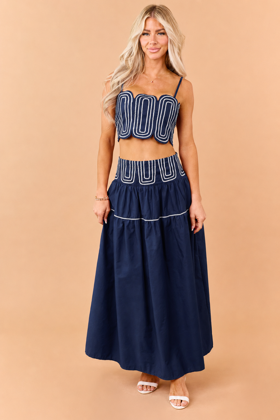 Navy Cotton Contrast Detail Tank Top and Skirt Set