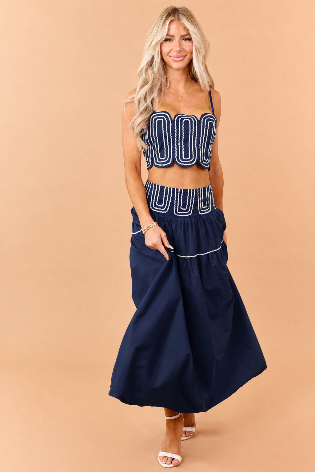 Navy Cotton Contrast Detail Tank Top and Skirt Set